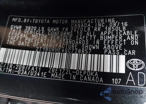 2016 Toyota Corolla L from USA, damaged, VIN 2T1BURHE4GC728857